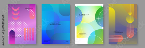 Abstract poster series with diverse color palettes featuring semi-circles and intersecting geometric forms