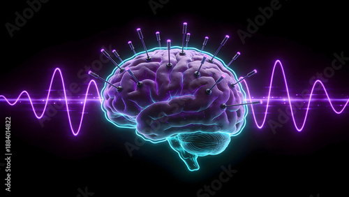 Futuristic Human Brain Analysis with Glowing Neural Interface and Digital Brainwaves Concept background