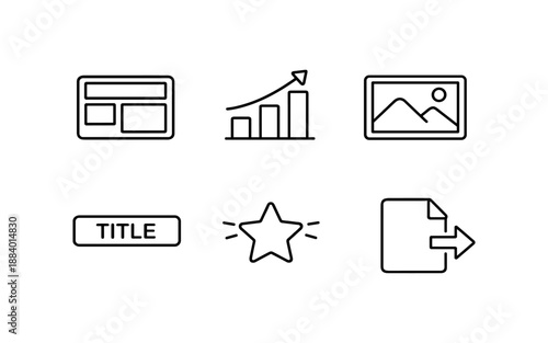 Collection of six simple line icons representing website layout, growth chart, image, title, star, and export