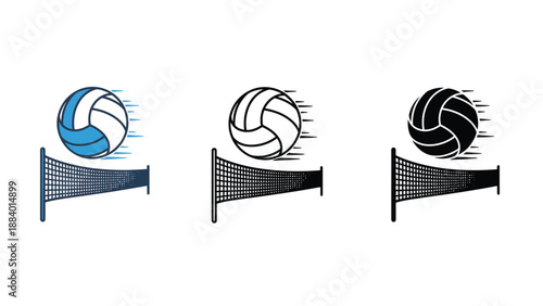 A graphic illustration of volleyballs and nets in different colors and styles
