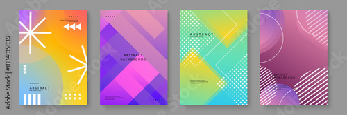 Vibrant abstract layouts featuring sun-like radial shapes and thick diagonal blocks in a mix of purple and yellow gradients