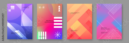 Abstract compositions featuring overlapping semi-circles and bold white bars against vivid pink and blue backgrounds