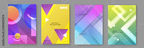 A set of four abstract background posters featuring geometric shapes like circles and triangles with vibrant purple blue and yellow gradients
