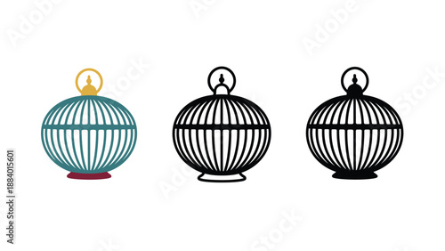 Three birdcage icons in different colors on a white background