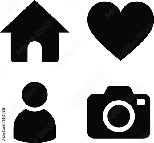 Minimal black icon set featuring home heart user profile and camera symbols for modern web mobile interface design ui usability