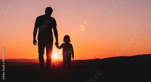 Silhouette of a father and daughter holding hands while walking on a hill at sunset.