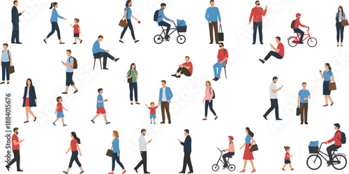 People walking and daily activities vector set with men women children families urban lifestyle illustrations isolated