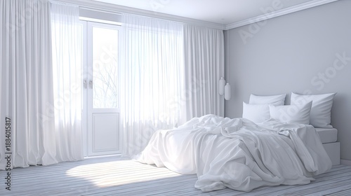 Bright and Airy Bedroom with White Bedding and Natural Light Streaming Through Sheer Curtains