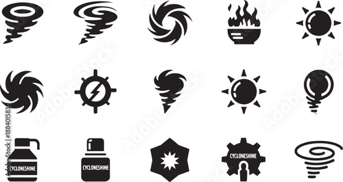 Black and white sketched of cleaning products and weather