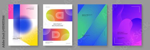 A collection of abstract posters featuring blurred colorful orbs, geometric arch patterns with fine lines, and fluid gradient wavy shapes in vibrant blue, pink, and lime green tones