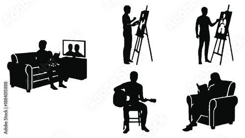 A collection of silhouettes depicting people engaging in creative activities at home
