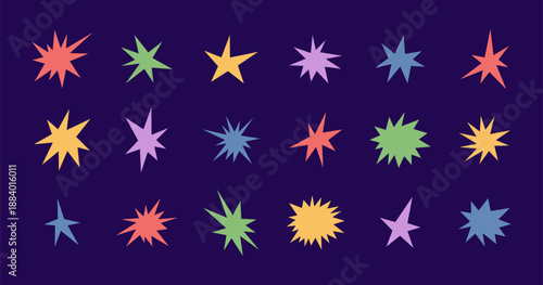 Irregular star shape icons set. Abstract starburst symbol. Comic color burst sticker. Graphic design collage element. Spiky cartoon figure. Vector illustration isolated on dark background.