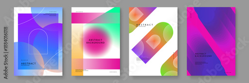Vibrant abstract design series featuring blue geometric frames, bright pink blurred circles, and thick diagonal gradient bars with liquid-like wavy textures