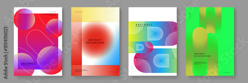Bold abstract collection with red geometric backgrounds, large blurred orange spheres, and layered horizontal pill shapes in rainbow-like spectrum gradients