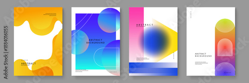 Minimalist abstract backgrounds with fluid yellow blobs, blue-to-cyan gradient squares with floating circles, and blurred blue orbs against sharp yellow triangles