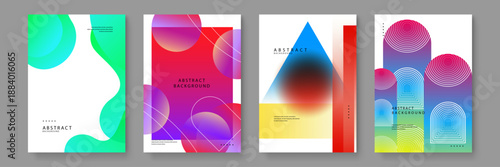 High-energy abstract layouts with neon green fluid curves, red-to-purple gradient circles, and blurred red orbs inside blue triangular shapes with high contrast