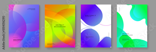 High contrast abstract posters displaying deep purple and bright green gradients with large fluid droplets and overlapping semi-transparent circles