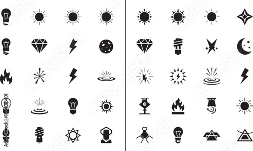 Black and white sketched of light sources and energy symbols in a grid layout