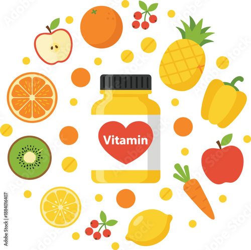 Vitamin supplement vector illustration with fruits vegetables healthy nutrition concept colorful flat design isolated