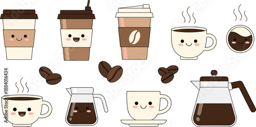 Cute Coffee and Tea Cup Character Illustration Set with Smiling Faces, Coffee Beans, and Drinkware for Cafe Branding and Digital Design