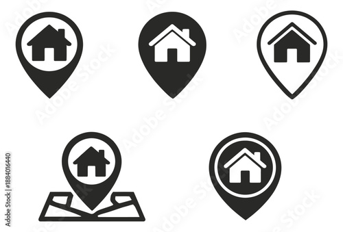 Modern home location icon set featuring various house and map pin designs for real estate and navigation