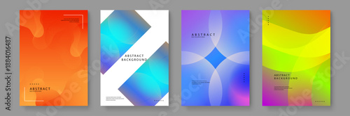 Set of four vibrant posters featuring organic fluid shapes and geometric diagonal cuts with warm orange and cool blue color palettes