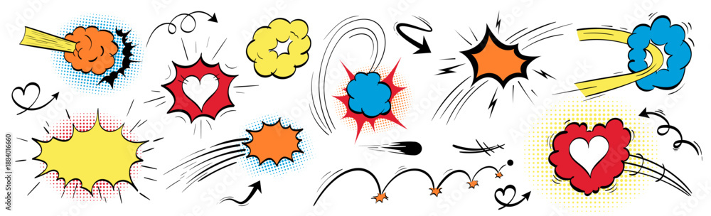 Obraz premium Superhero explosive colorful effect vector bundle. Features comic speed lines, love heart, burst smoke, impact frame. Pop animation kit with doodle cartoon elements, arrow and speech bubble.
