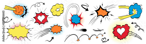 Superhero explosive colorful effect vector bundle. Features comic speed lines, love heart, burst smoke, impact frame. Pop animation kit with doodle cartoon elements, arrow and speech bubble.
