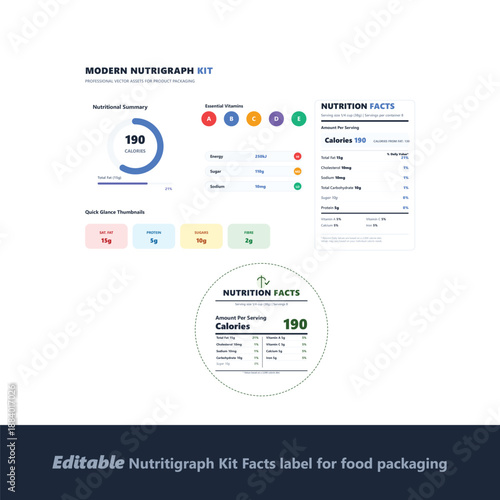 Editable Modern Nutrigraph Kit for Food Packaging Design featuring FDA Style Nutrition Facts Label Vitamin Icons and Calorie Infographics