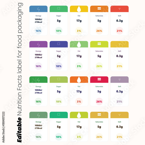 Editable Nutrition Facts Label Set for Food Packaging Design with Daily Reference Intake GDA Percentage Icons in Multiple Colors
