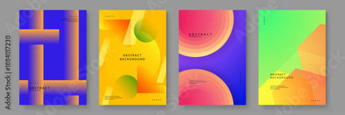 Set of abstract posters with high contrast colors including deep blue orange and yellow with intersecting bars and radial gradients
