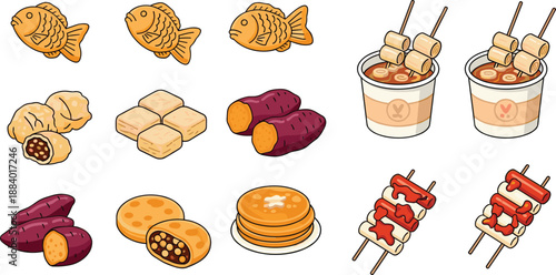 Asian Street Food Icon Set with Taiyaki Fish Cakes, Sweet Potatoes, Pancakes, Skewers, Hot Soup Cups, and Traditional Market Snacks