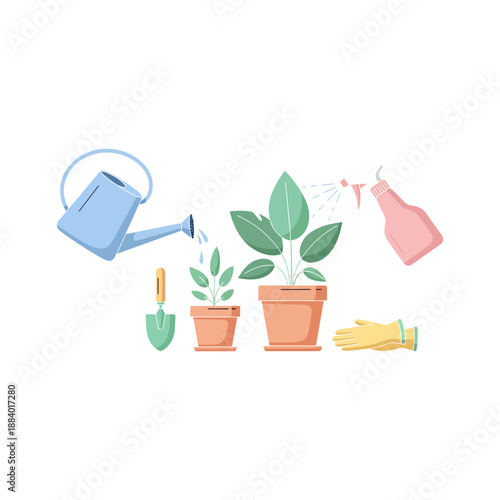 2D animated look flat vector illustration of plant care routine with watering can, spray bottle, and potted plants, soft pastel palette, minimal design, clean shapes