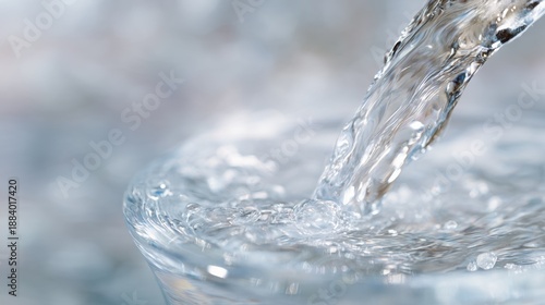 Close-up of a glass of water being poured into it. the water is flowing from the top right corner of the image, creating a stream of water that is cascading down the sides of the glass.