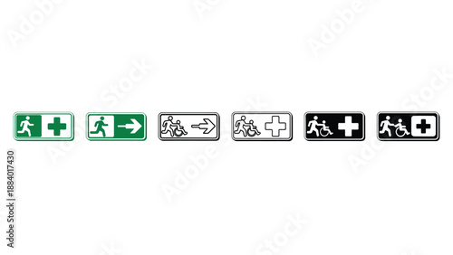 A set of emergency exit signs on a white background