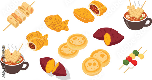 Asian Street Food Illustration Collection with Taiyaki Fish Pastries, Sweet Potatoes, Pancakes, Skewers, and Hot Soups for Menu and Market Design