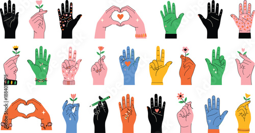 Expressive hand gestures vector set with colorful palms symbols flowers hearts and emotional communication illustrations isolated