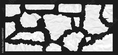 Torn newspaper texture kit features ripped white page edge, crumpled wrinkle effect. Vector bundle includes cut paper effect for collage or memo. Ripped paper teture kit on like transparent png bg