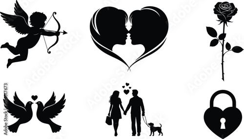 Love, romance, couple, cupid, rose, heart, padlock, keyhole, doves, symbol, icon, silhouette, valentine, affection, embrace, wedding, pet, peace, connection, black, white