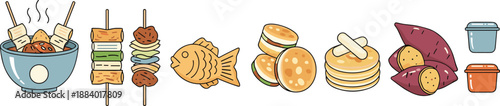 Asian Street Food Icon Set with Fish Pastry, Skewers, Pancakes, Sweet Potatoes, Soups, and Traditional Snacks for Menu, App, and Food Design
