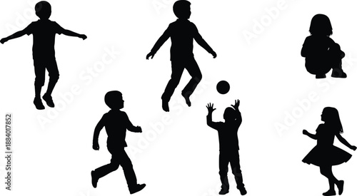 Silhouette, children, play, jump, run, crouch, movement, posture, gesture, icon, black, white, activity, fun, energy, dynamic, sport, outdoor, figure, pose, action