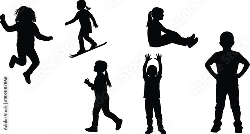 Silhouette, children, play, jump, skateboard, walk, sit, posture, gesture, icon, black, white, activity, fun, energy, dynamic, sport, outdoor, figure, pose, motion