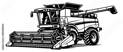 Line art illustration of a combine harvester depicting modern agricultural machinery for farming
