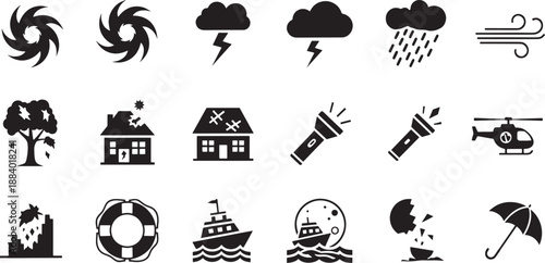 Black and white sketched of natural disasters and emergency response hurricane