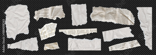 Torn newspaper vector bundle features white, texture. Kit of cut pieces, note scraps, tear strip shapes overlay teture for collage. Blank sheet piece bundle on like transparent png bg
