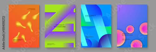 Colorful abstract poster set featuring bright orange backgrounds with floating 3D teardrop shapes and purple gradients