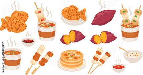 Asian Street Food Illustration Set with Fish Shaped Pastries, Sweet Potatoes, Skewers, Pancakes, Soups, and Traditional Snacks for Menu and Food Design
