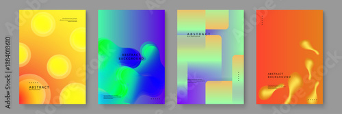 Poster designs featuring bright yellow orbs, intense green fluid splashes, and muted pastel rectangular layers for a versatile artistic look