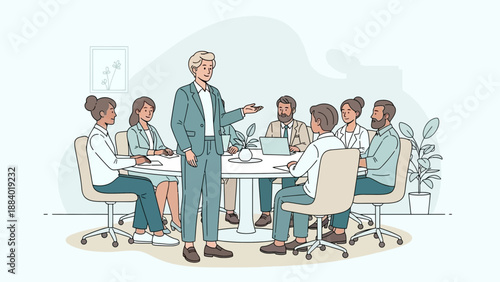 Diverse team in meeting, leader presenting ideas at conference table