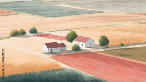 Aerial view of a farm landscape. the landscape is divided into different sections, with different colors and textures.